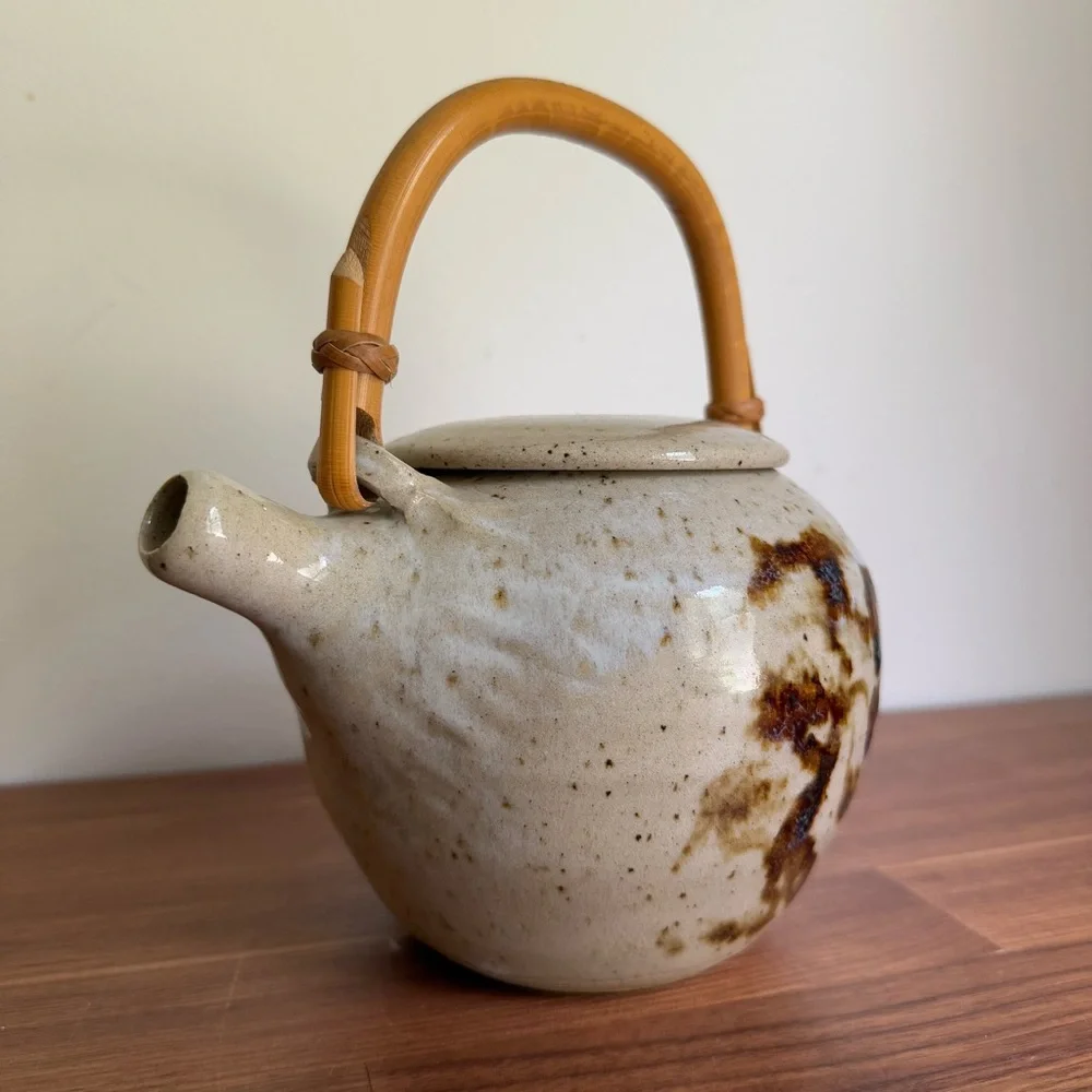 Vintage Japanese Hand Crafted Pottery Teapot w/Bamboo Handle, Signed